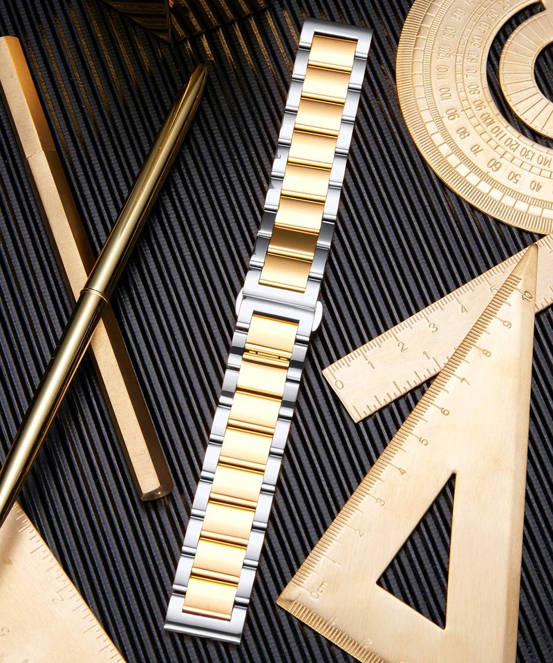BINLUN Thick Stainless Steel Watch Band Metal Heavy Polished Matte Brushed Finish Watch Strap Replacement for Men Women 16mm/18mm/20mm/21mm/22mm/23mm/24mm/26mm(Polished Silver and Gold,20mm) - Image 5